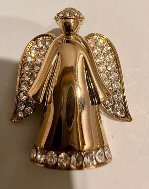 Vintage Signed Monet Gold Tone Rhinestone Angel Brooch With Original Box
